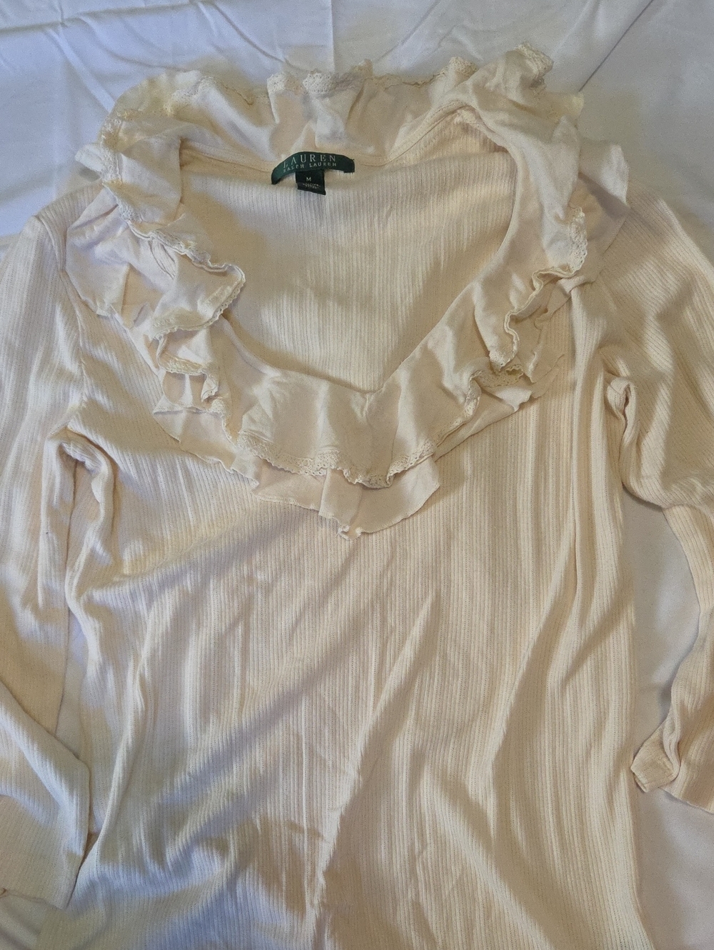 Lauren Ralph Lauren Cream Ruffle V-Neck Long Sleeve Top